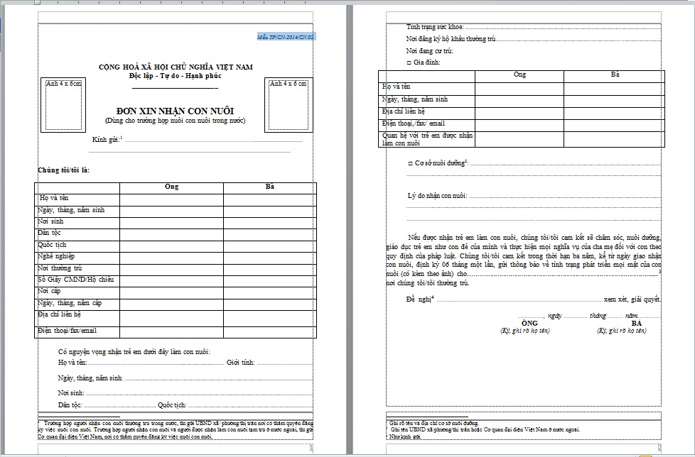 Mẫu Đơn xin nhận con nuôi trong nước theo Thông tư 24/2014/TT-BTP
